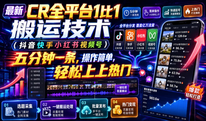 最新cr全平台1比1搬运技术（抖音快手小红书视频号-免费资源