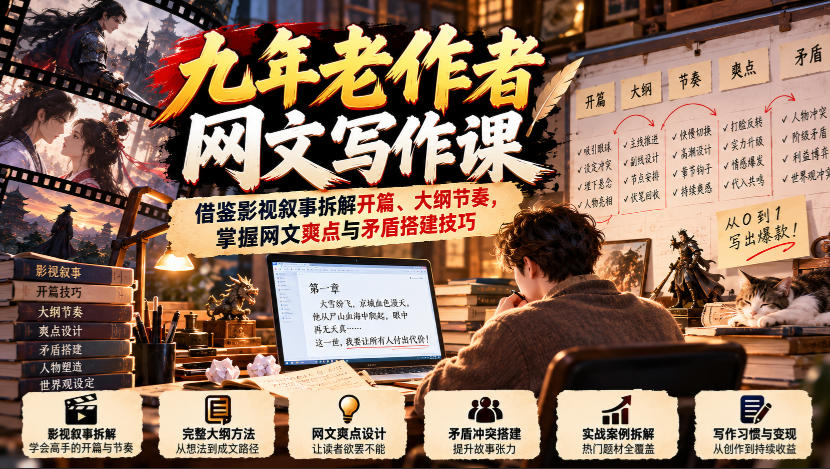 九年老作者网文写作课:借鉴影视叙事拆解开篇、大纲节奏,掌握网文爽点与矛盾搭建技巧