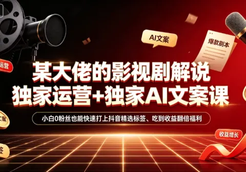 【精】某大佬的影视剧解说独家运营+独家AI文案课，小白0粉丝也能快速打上抖音精选标签、吃到收益翻倍福利-免费资源