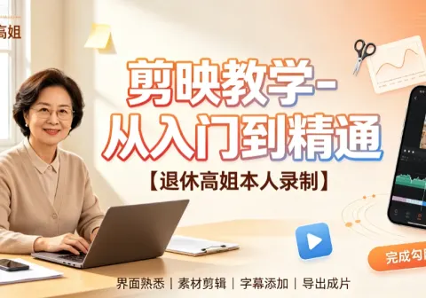 【精】剪映教学-从入门到精通，退休高姐本人录制，界面熟悉、素材剪辑、字幕添加、导出成片-免费资源